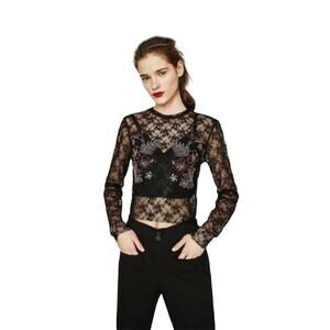 Zara Black Lace Floral Embroidered Crop Top Small